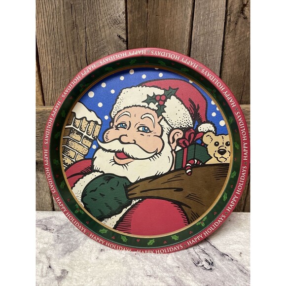 Vintage Santa Cookie Treat Candy Serving Tray Tin Santa & Sack Of Toys RARE FIND - Picture 1 of 4